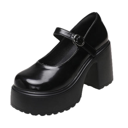Black Chunky Platform Pumps - Mary Jane Shoes With Square Heel & Ankle Buckle