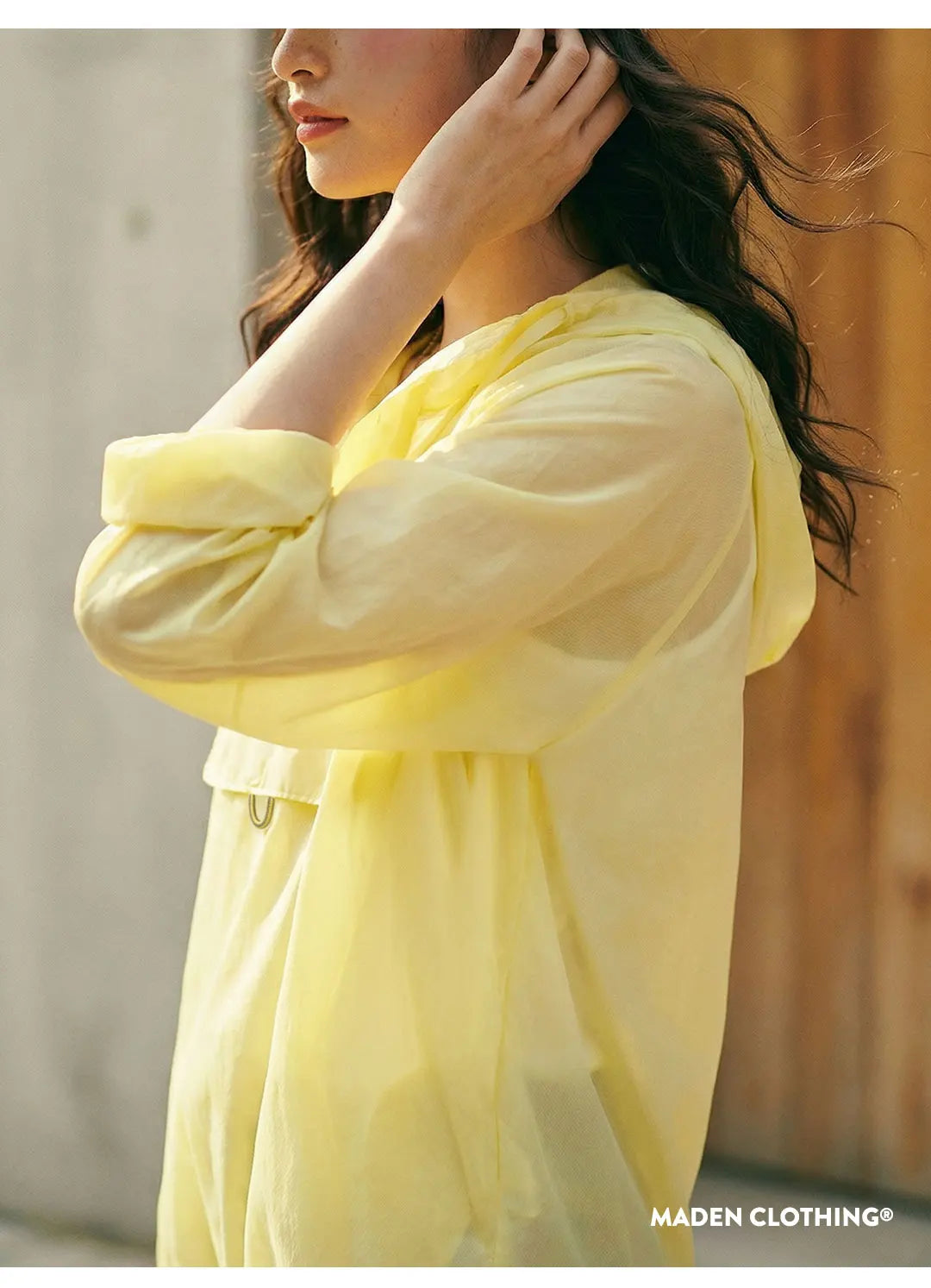 Maden Women's Ultra Lightweight Sun Protection Hoodie Sheer Breathable Pullover Half Button Loose Fit Summer Jacket Yellow