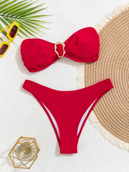 Bandeau Push-Up Bikini - Sexy Two Piece Swimsuit with Brazilian Thong & Button Detail