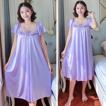 Ladies Ice Silk Nightgowns Sleeping Dress Medium Length Short Sleeve Nightdress Sexy Sleepwear Home Wear Loungewear Pyjama Femme