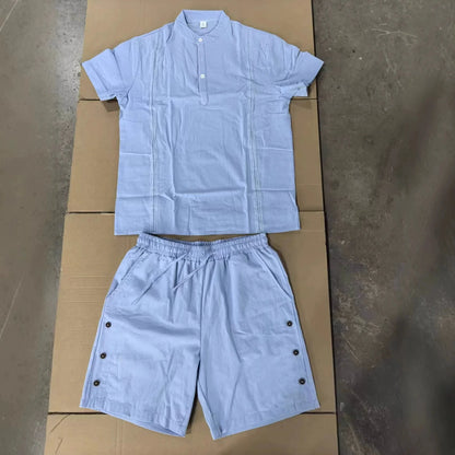 Men's Summer Fashion Cotton Linen Short-Sleeved Shirt And Breathable Short Pants Set Casual Lightweight Personalized Clothing