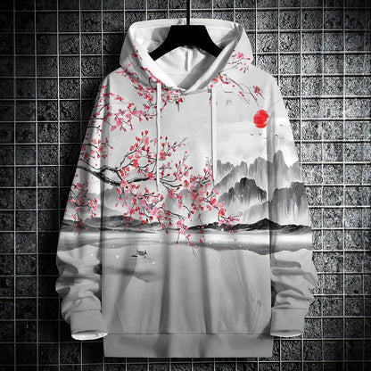 Autumn Hoodies For Men 3d Landscape Ink Print Street Designer Long Sleeved Loose Oversized Pullover Fall Fashion Men's Clothing