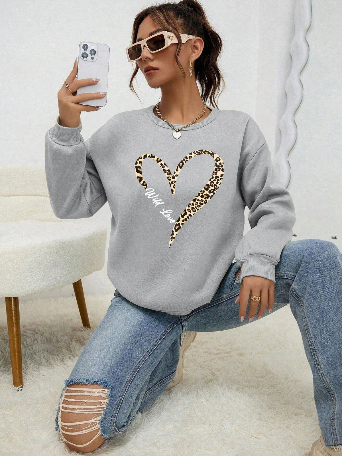 Leopard Wild Heart Pattern Print Female Sweatshirt Street Fur-Liner Pullovers Hipster Clothing All-Match Crewneck Tracksuit