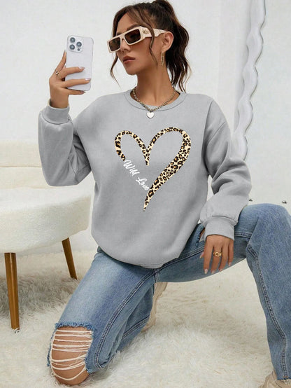 Leopard Wild Heart Pattern Print Female Sweatshirt Street Fur-Liner Pullovers Hipster Clothing All-Match Crewneck Tracksuit