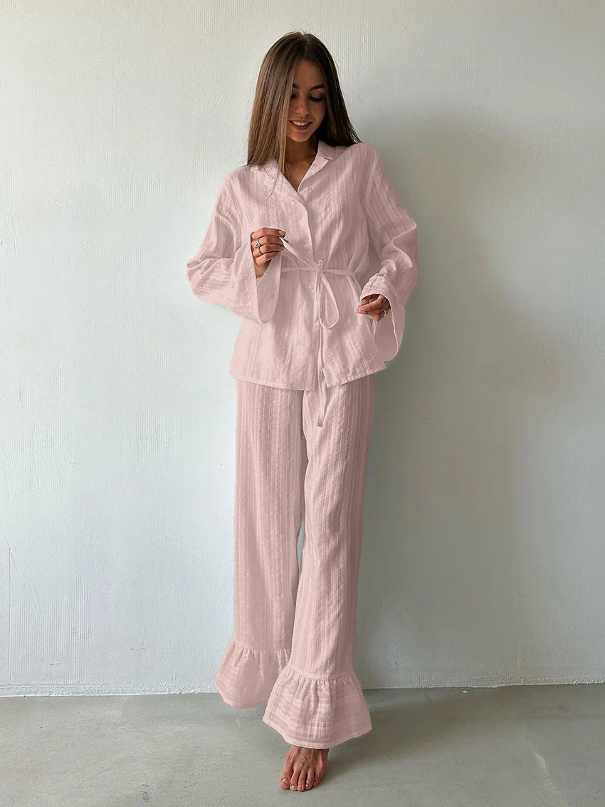 Women Cotton Pajamas - Long Sleeve Nightwear Set With Turn-Down Collar & Loose Pants