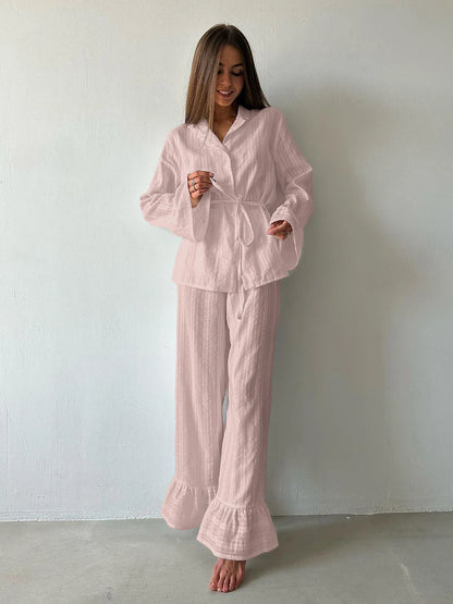 Women Cotton Pajamas - Long Sleeve Nightwear Set With Turn-Down Collar & Loose Pants