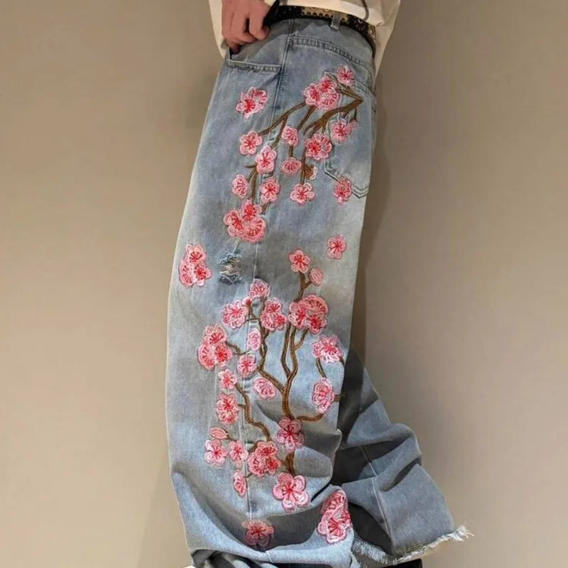 Cherry Blossom Selvedge Embroidery Denim Pants Y2K Retro Men Casual Baggy Straight Wide Leg Jeans High Quality Hiphop Streetwear