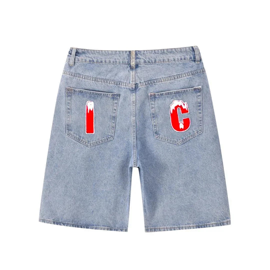 Y2k Summer Harajuku Hip-Hop Gothic Colored Flying Dog Printed Denim Shorts High Street Loose Casual Straight Cropped Jeans