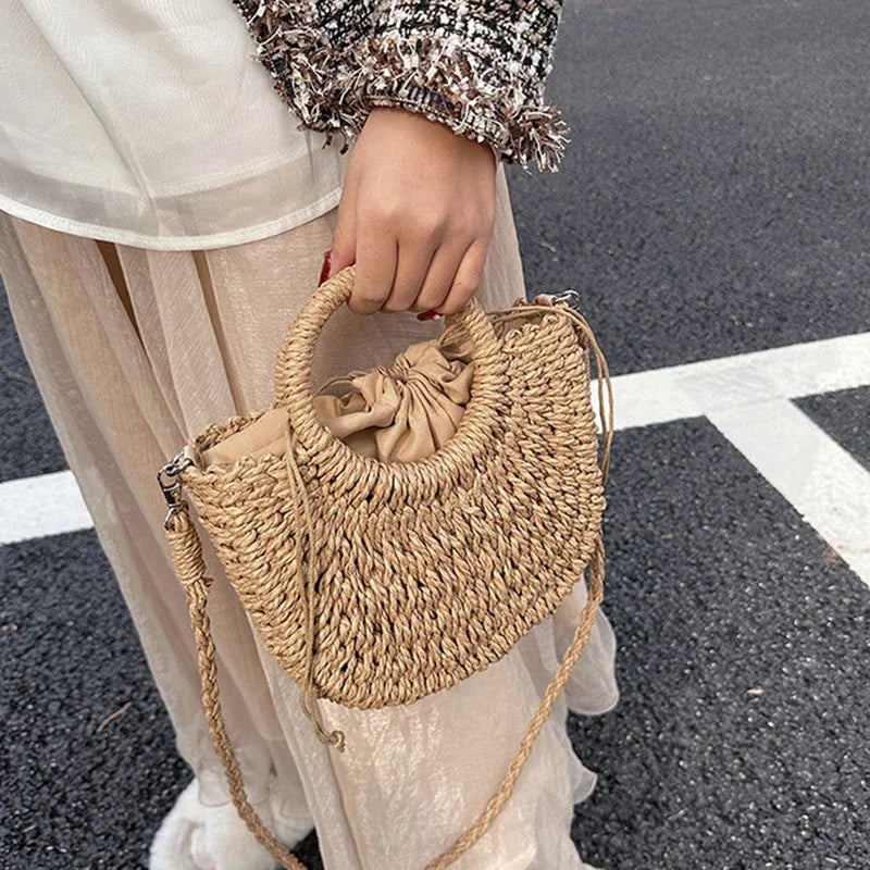 Straw Rattan Handbag – Large Capacity Half Moon Purse | Hollow Out Shoulder Bag