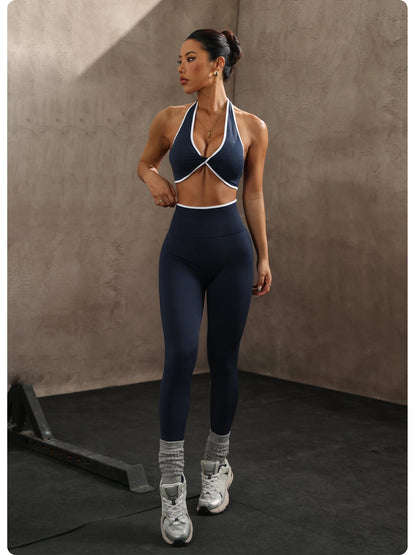 ZHEJIN 2 Piece Yoga Set Women Contrast Trim Halter Sports Bra High Waist Seamless Leggings Gym Workout Set Fitness Activewear Su
