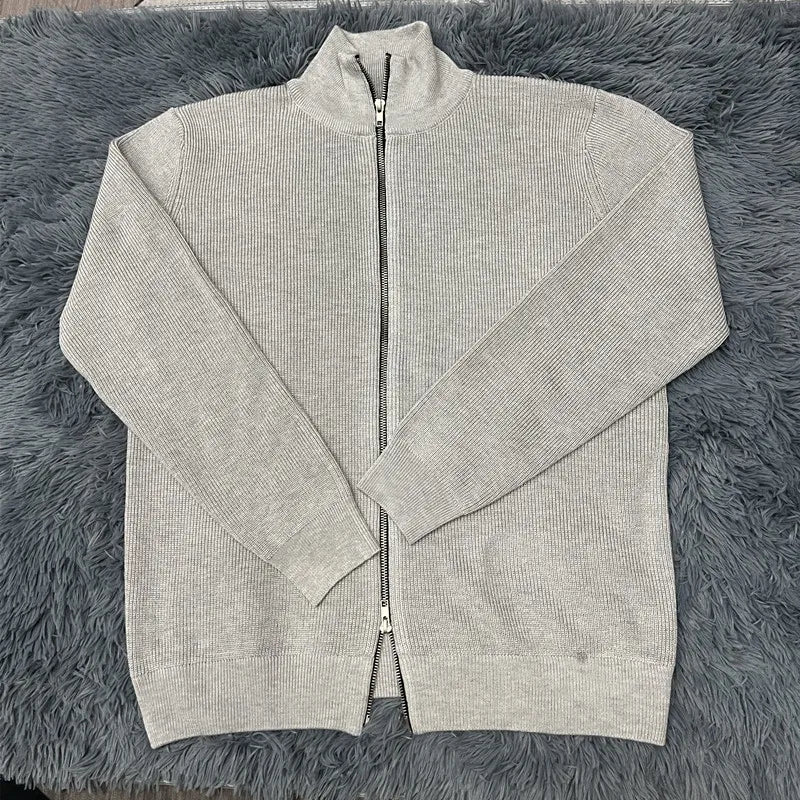 Asian size Autumn Winter Men Loose Casual Knit Sweater Zipper Semi High Neck Long Sleeve Cardigan Lazy Comfortable Warm Top