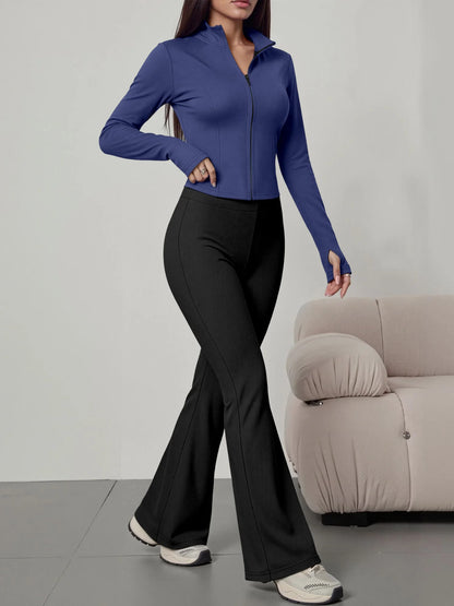 European American Women Ribbed Knit Two Piece Set, Long Sleeve Zip Top With High Waist Flare Pants, Casual Slim Daily Outfit