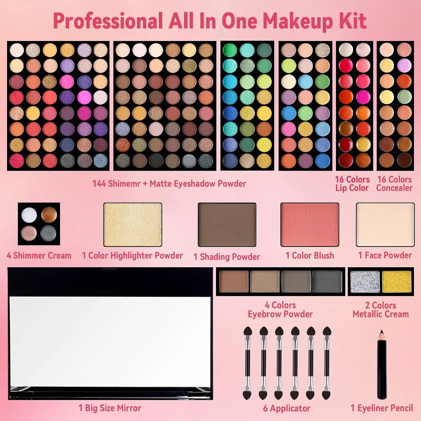 Professional 190-Color Eyeshadow Blush Eyebrow Powder 4-in-1 Makeup Palette with Mirror And Brush Set for Natural Look Makeup
