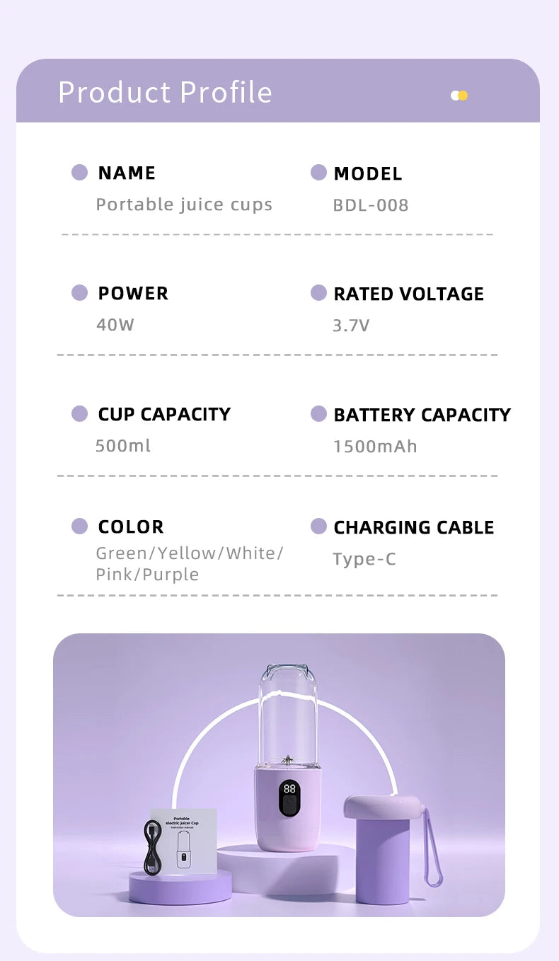 Portable USB Rechargeable Blender - Mini Juicer for Smoothies and Shakes