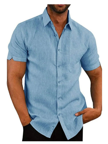 Men's Short Sleeve Button Down Linen Blend Shirt with Chest Pocket Casual Summer Top