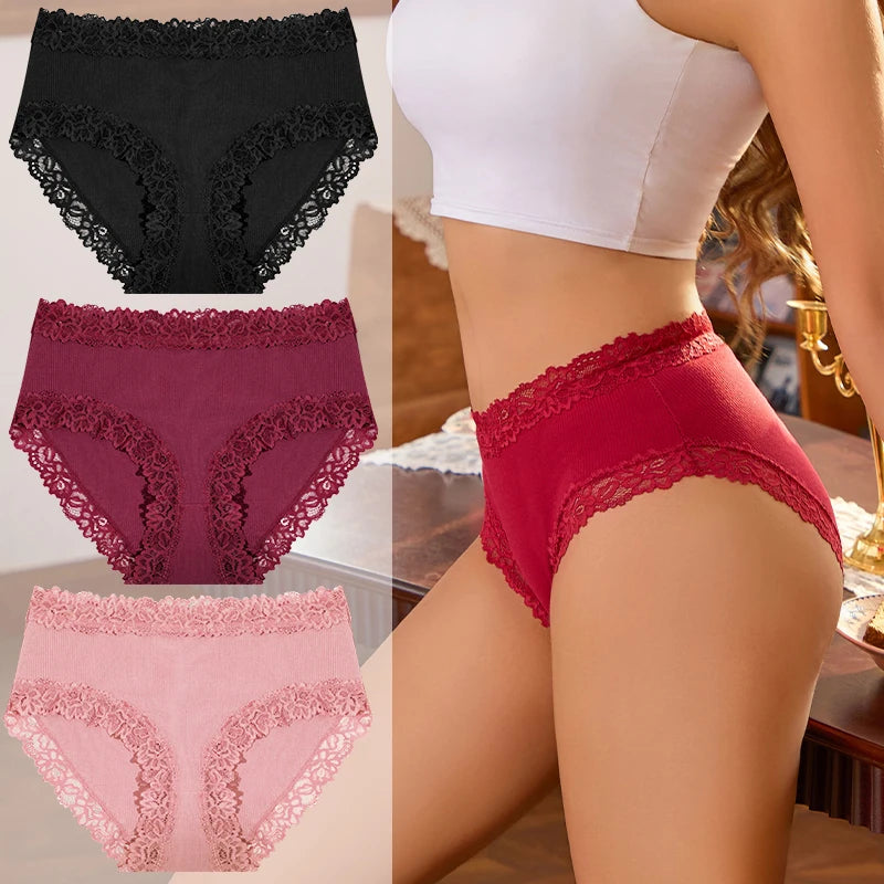 3PCS/Set Women Cotton Panties Lace Low Waist Briefs Trendy Patchwork Lace Intimate Underwear Stretch Comfortable Ladies Lingerie