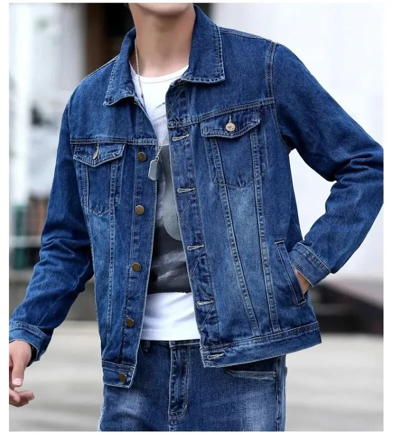 2025 New Men Pure Colour Denim Jacket Single-breasted Lapel Daily Casual Simple Coats