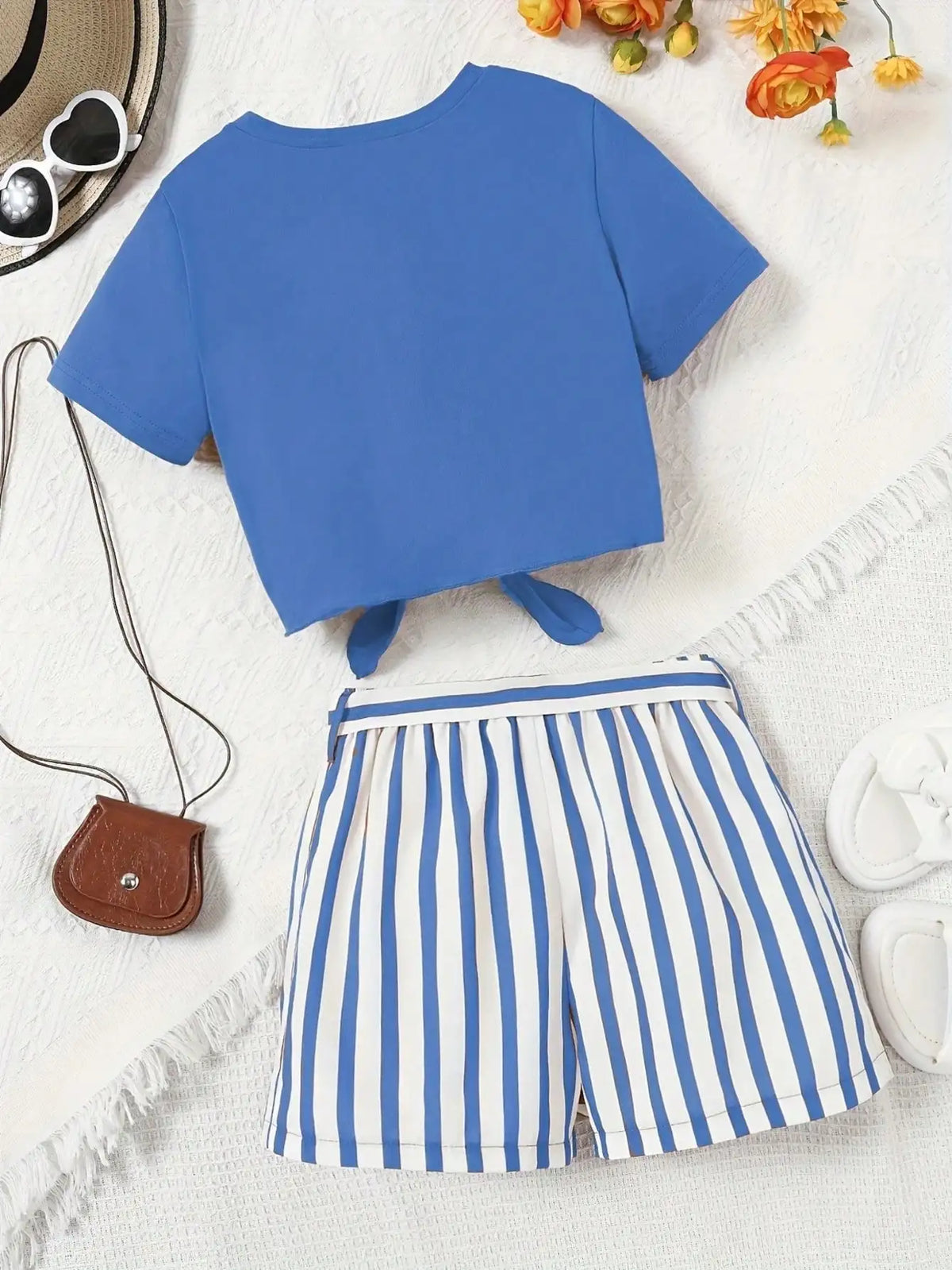 Women's casual daily short sleeved love printed+striped printed shorts 2-piece set with random belt striped children's clothing