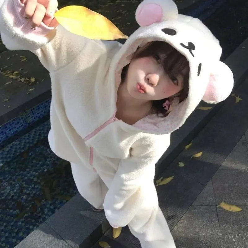 Cute Japan Bear Sleepwear Rilakkuma Y2K Hoodie Pajama Set Girls Fleece Lined Hooded Homewear Suit Autumn Winter Loungewear New