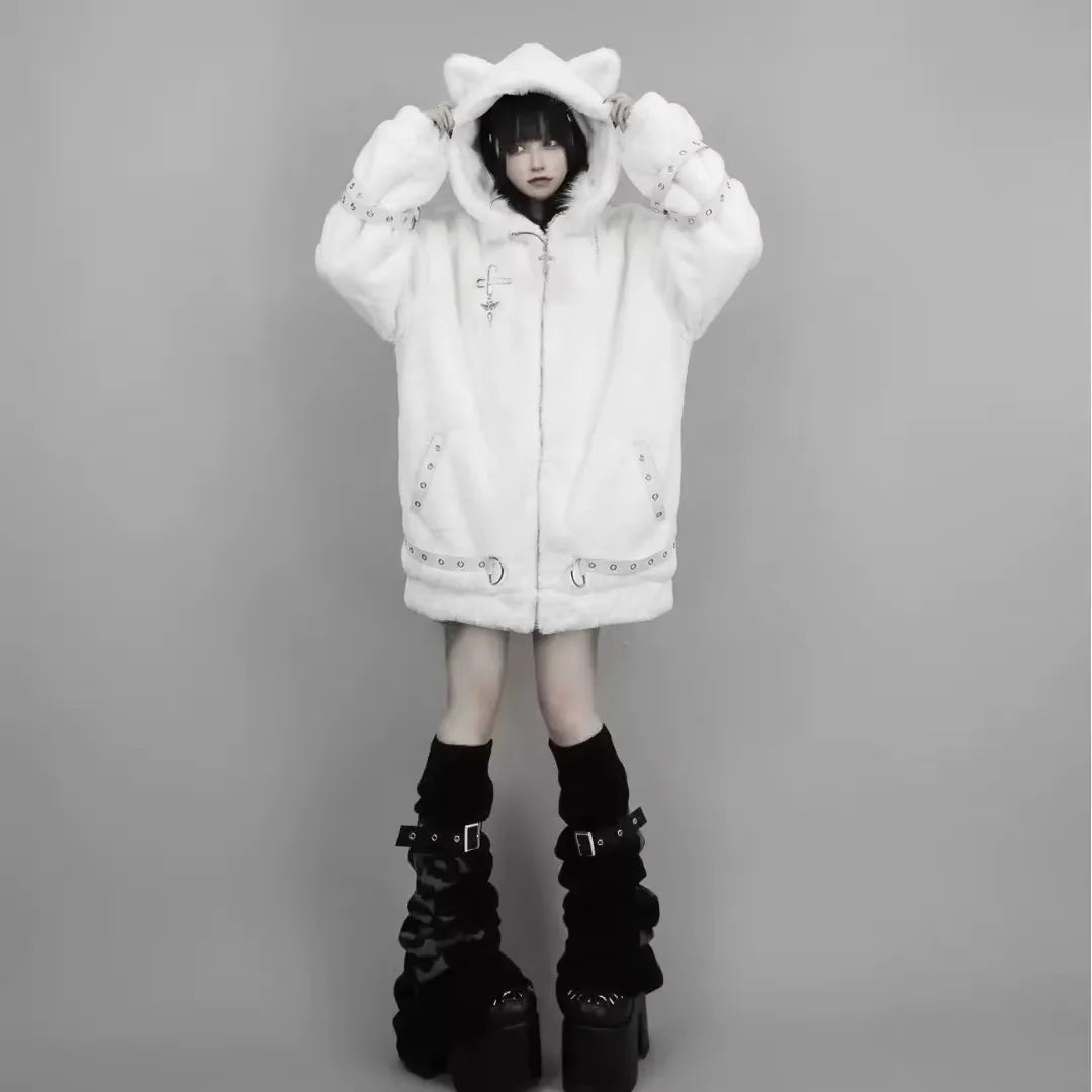 Vintage Punk Style Hoodie Long Sleeve Faux Fur Women Casual Zipper Hooded Gothic Y2K Subculture Harajuku Sweatshirts Autumn