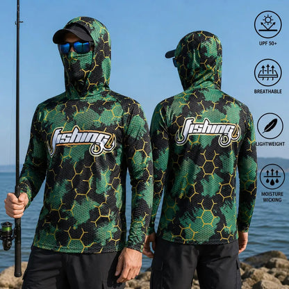 Fishing Shirt Hooded Men Fishing Clothes Long Sleeve Outdoor Summer Mask Hoody Tops Sun Protection Performance Jersey