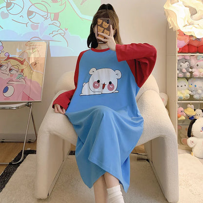 New Spring Summer Cotton Women's Pajamas Cute Long-sleeved Nightdress Cartoon Print Dress Home Service
