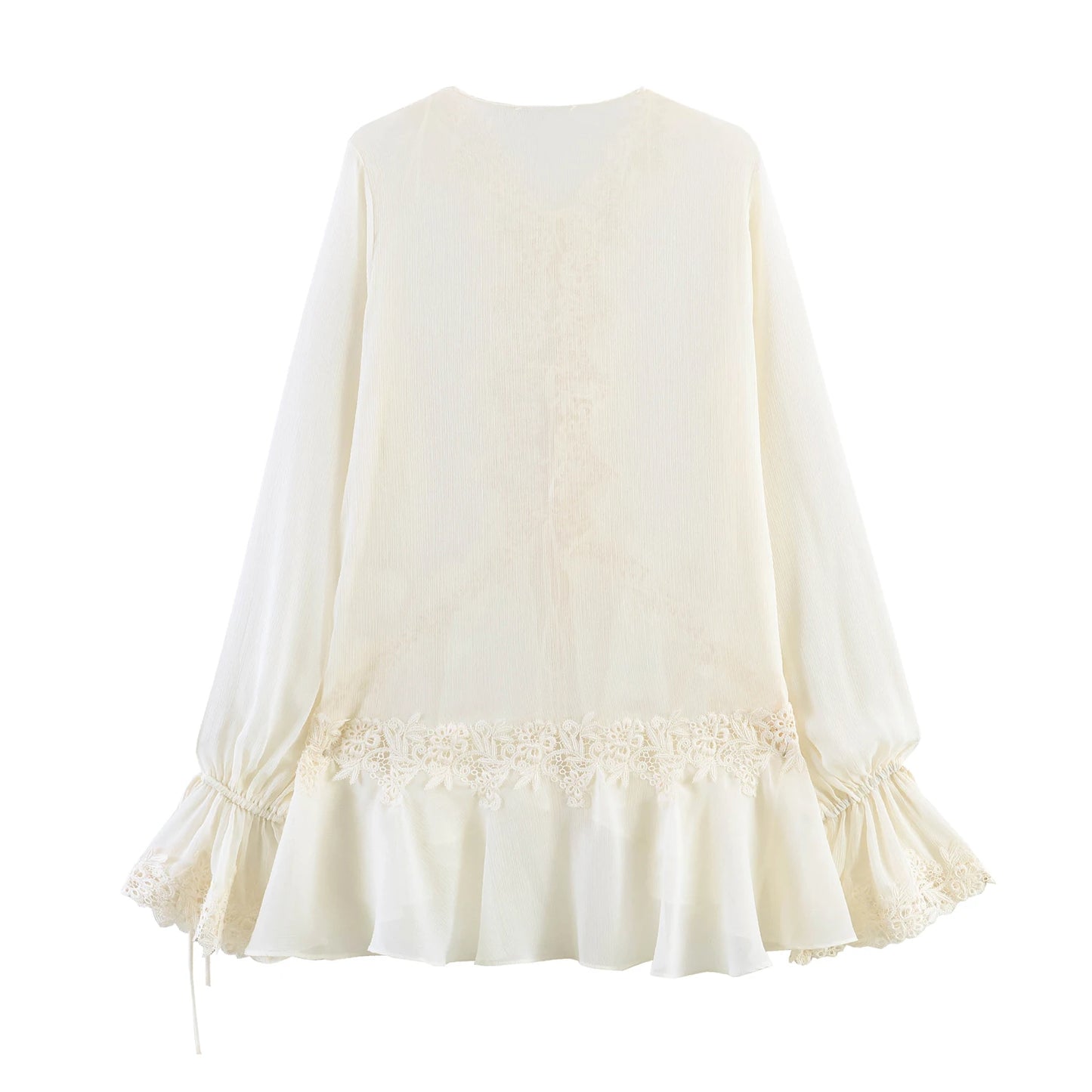 KONDALA Chic Lace Crochet Splicing See-through Shirts Women Elegant Leisure Lace-up Shirts 2026 Summer Trendy Lady Ruffles Shirt