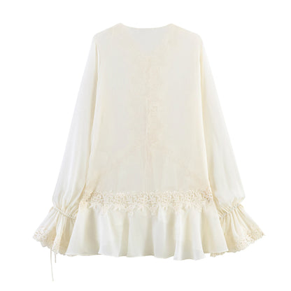 KONDALA Chic Lace Crochet Splicing See-through Shirts Women Elegant Leisure Lace-up Shirts 2026 Summer Trendy Lady Ruffles Shirt