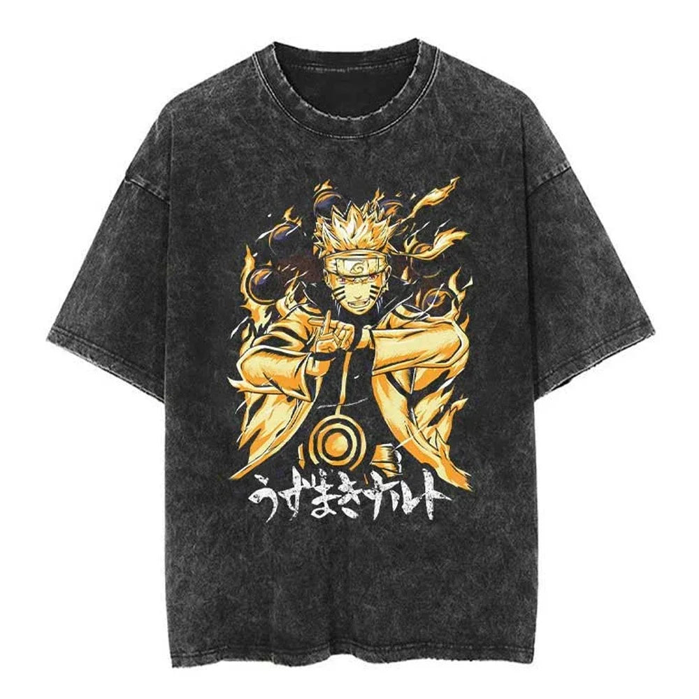 Men Streetwear Tshirt Japanese Naruto Anime Graphic T-Shirt Cotton Harajuku Washed T Shirt Summer Hip Hop Tops Tees Black