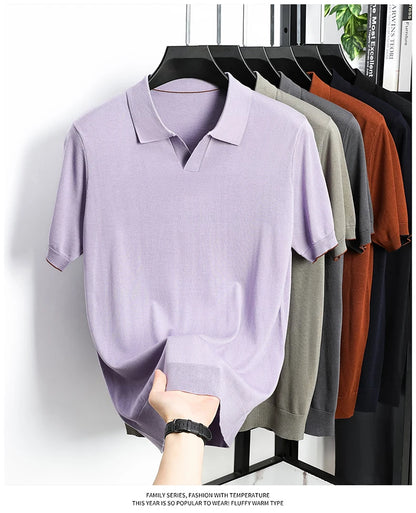 100%  Lyocell Knitwear 2025 Men Spring Summer Trendy Turn Down Collar Knit Tees Short Sleeve Breathable Knit Tops