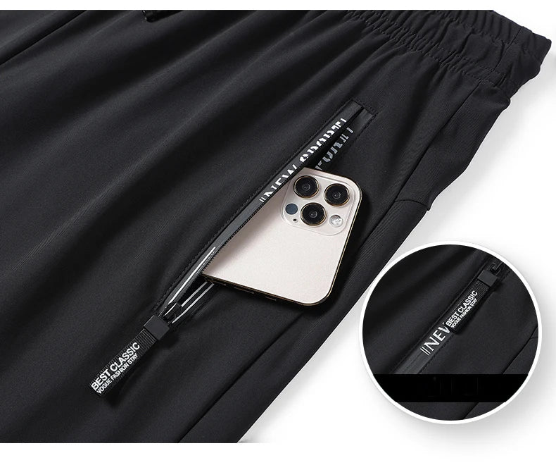 Men's Athletic Stretchy Ice Silk Quick Dry Pants Zipper Pockets Lightweight Sweatpants Outdoor Hiking Breathable Running Workout