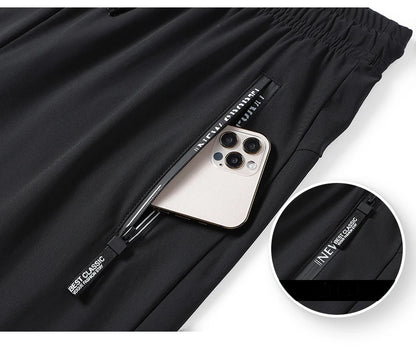 Men's Athletic Stretchy Ice Silk Quick Dry Pants Zipper Pockets Lightweight Sweatpants Outdoor Hiking Breathable Running Workout
