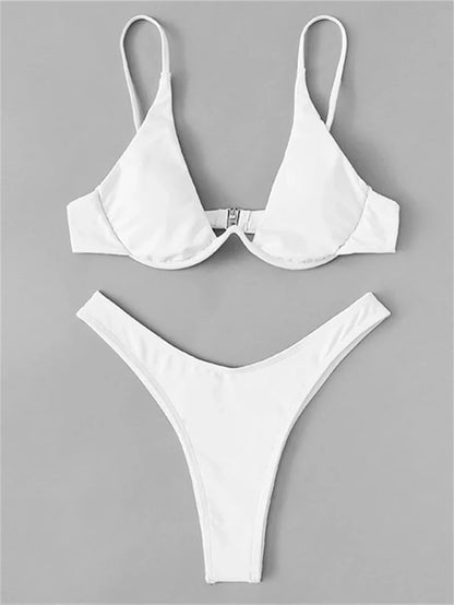 Sexy Red Underwire Bikini - Push Up Bra Thong Swimsuit with V Neck Design - ZOOMNSTORE