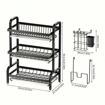 3-Tier Dish Drying Rack, Large Capacity Dish Drainer Rack With Removable Drain Tray, Kitchen Countertop Organizer For Plates Bow