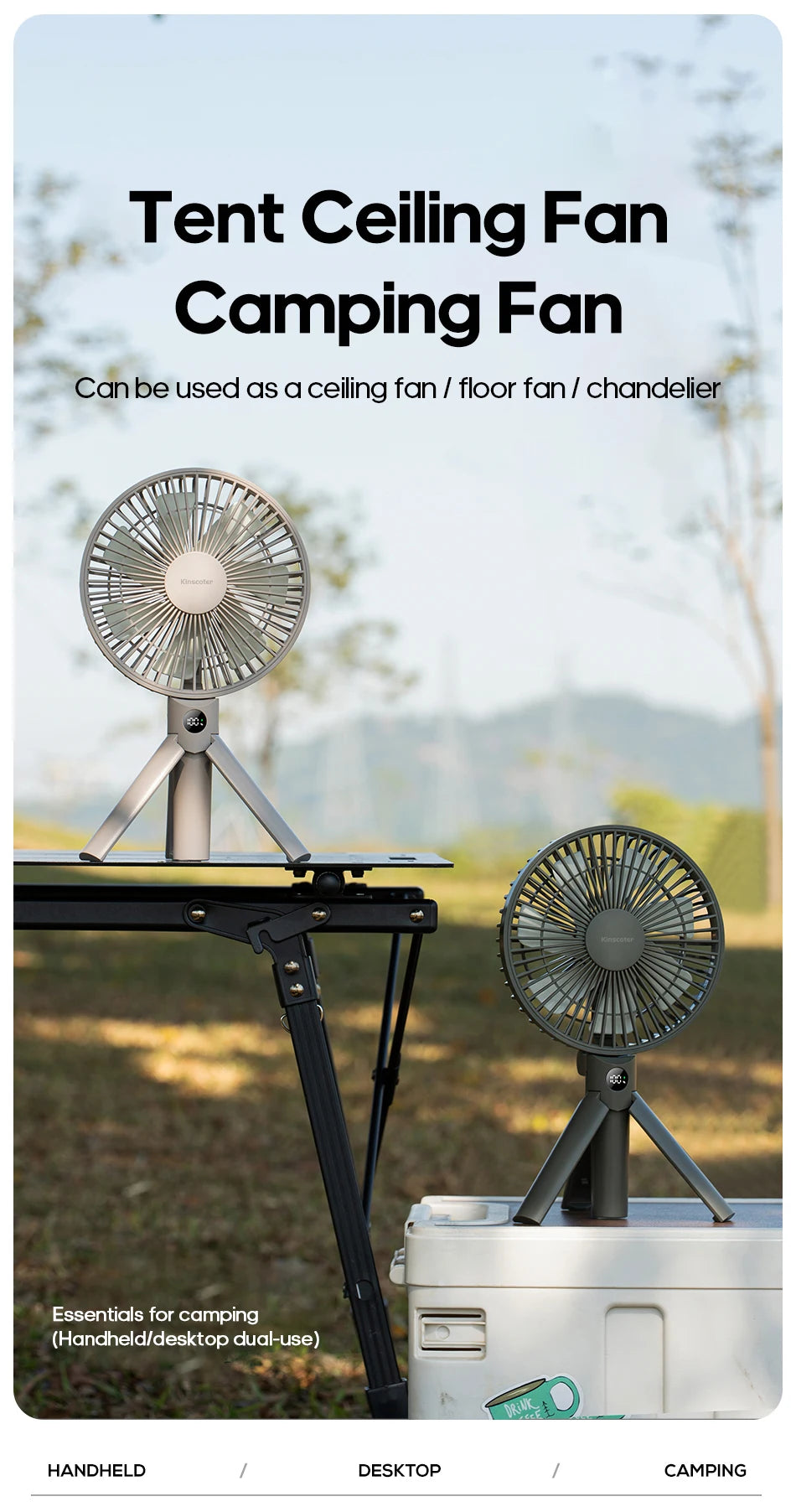 New Foldable Tripod Handheld Fan 3000mAh 4-Speed Rechargeable Fan LED Digital Display Portable Fan for Outdoor Travel Camping