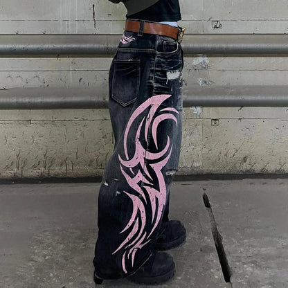 Men's Mottled Totem Print Jeans American Style Old Washed Wide Leg Retro Loose Fashion Trend Wide Leg Jeans Goth Pant Y2K Unisex