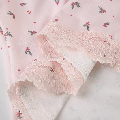 Women Two-pieces Pajamas Set Pink Floral Lace Patchwork Sleepwear Sleeveless Camisoles and Slim Cute Shorts Loungewear