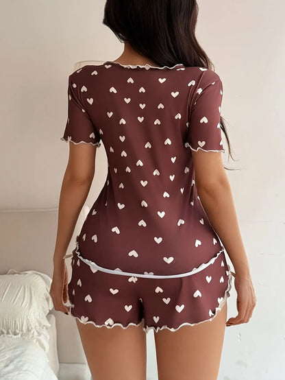 New Summer Women's Pajamas with Love Printed Collar, Short Sleeve Bow, Slim Fit, Comfortable and Soft Women's Home Clothes