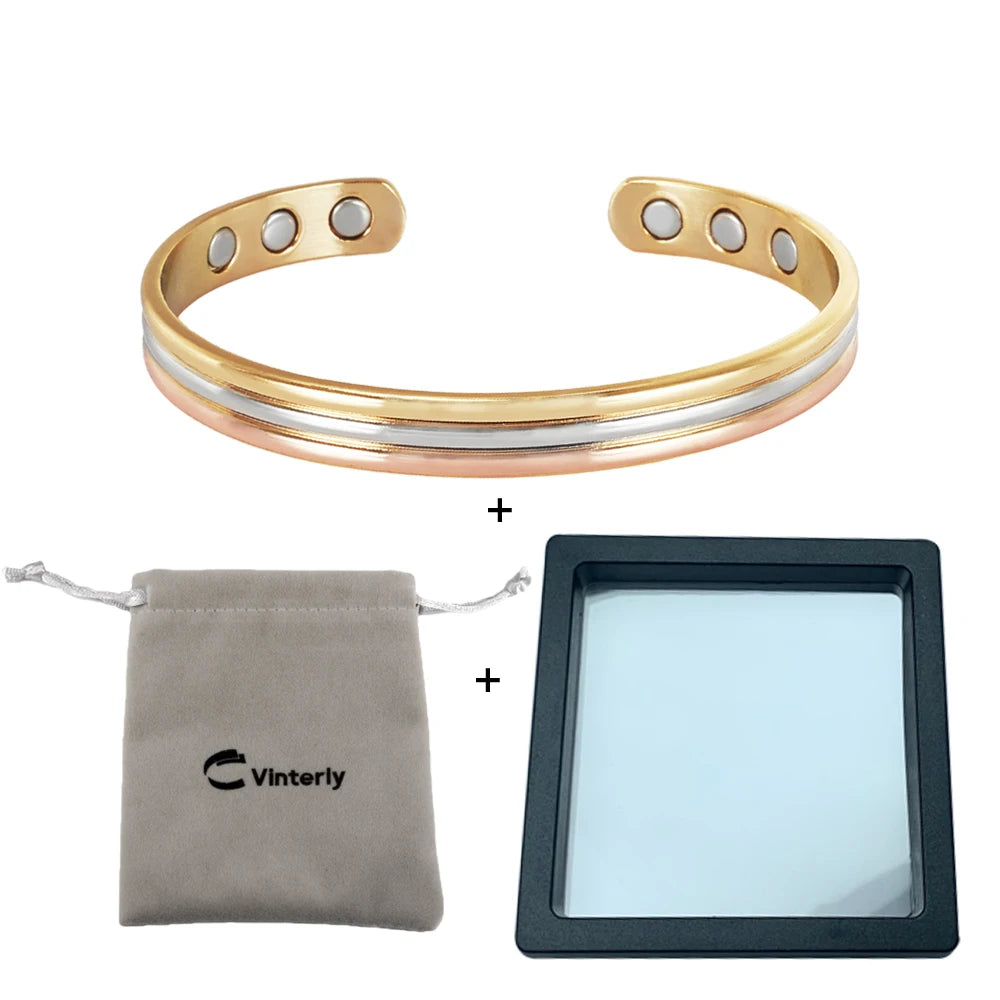 Vinterly Pure Copper Bracelets Magnetic Therapy Arthritis Lines Adjustable High Magnet Open Cuff 8mm Bangles Resizable Jewelry