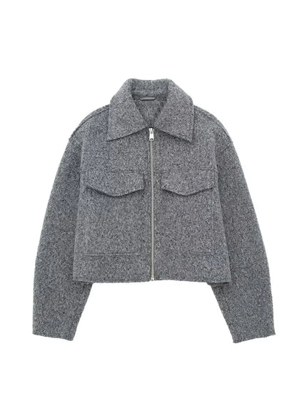 Women Zipper Jacket - Grey Vintage Lapel With Pockets | Casual Long Sleeve Outerwear
