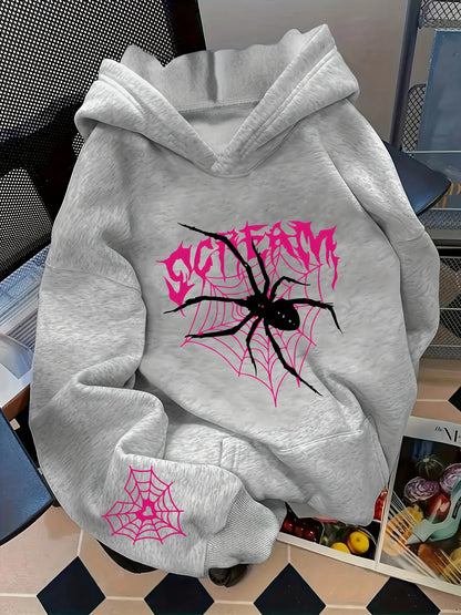 Fall Casual gothic Style Spider Web Print Hooded Sweatshirt for Men - Y2K Street Style Hip-Hop Long-Sleeved Pullover Hoodie