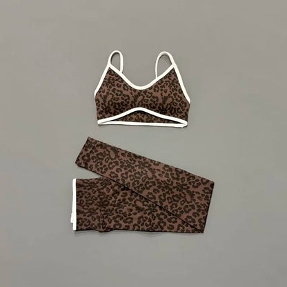 2 Pcs Fitness Sets Women Leopard Print Contrast Edge Removable Pad Bra Breathable Squat Proof Pants Suit Sports Workout Set