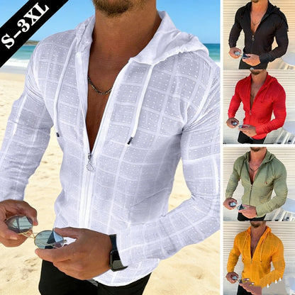 2026 Summer New Men's Cotton Linen Hooded Shirt Lightweight Casual Zipper Slim Fit Vacation Tops Sun Protection Clothing
