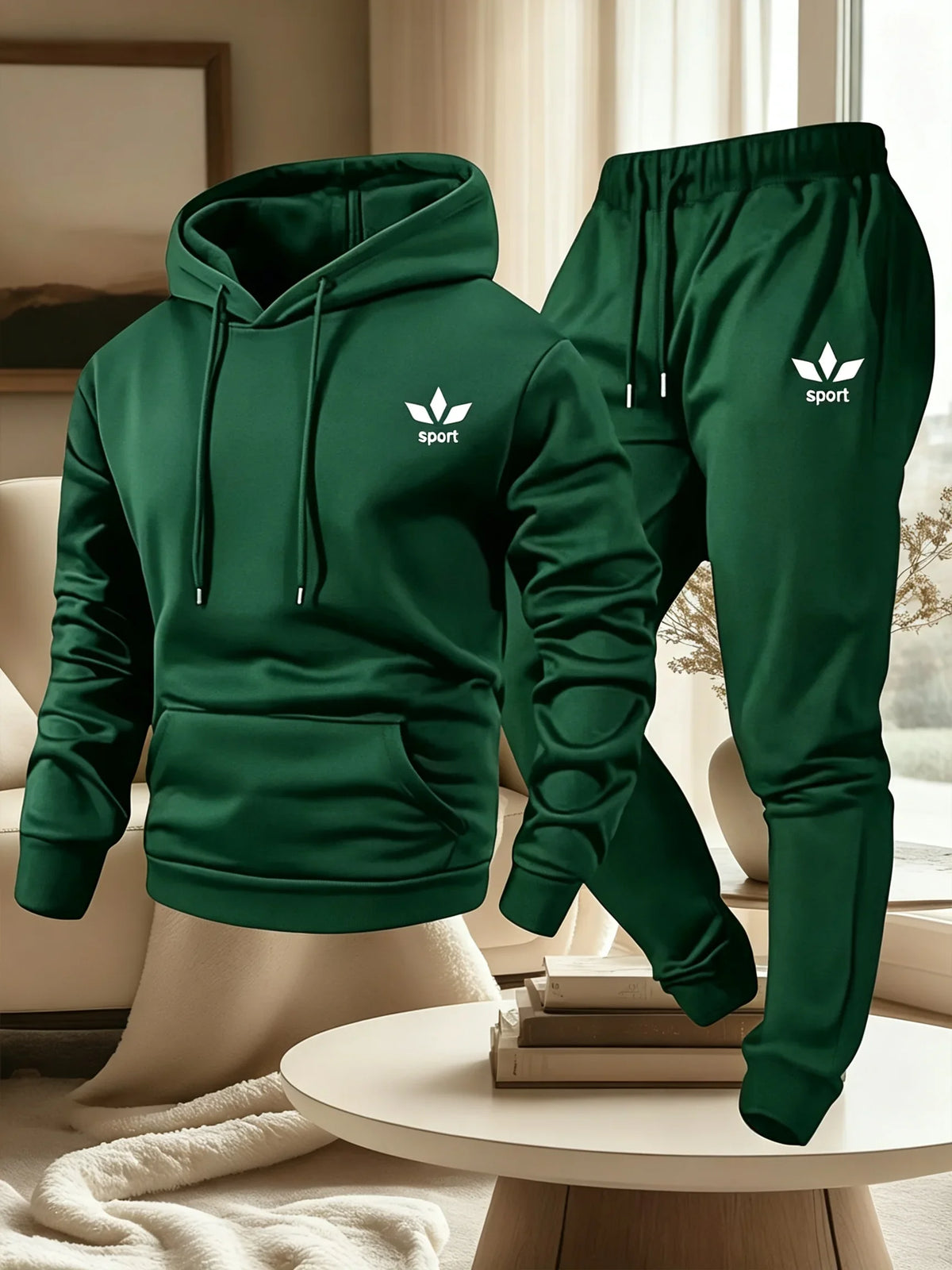Men Sport Printed Tracksuit 2 Piece Set Warm Lined Drawstring Hoodie Jogger Pants Casual Sports Sweat Outfit For Autumn Winter