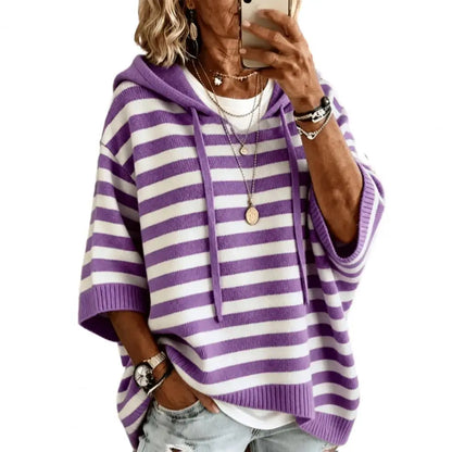 Hooded Pullover Top Women’s Hooded Striped Knit Sweater Loose Half Sleeve Pullover Autumn Winter Drawstring Hoodie for Comfort