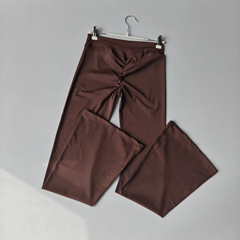 Women's Cross Waist Flare Pants - Booty Lifting Yoga Tights with Ruffle Detail, Quick Dry Wide Leg for Fall Workouts
