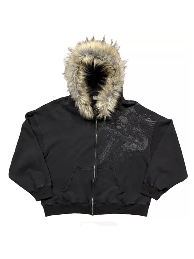 Autumn Winter Y2k Women Aesthetic Harajuku Faux Fur Collar Hoodies Clothes Graphic Hip Hop Punk Gothic Zip Up Hoodies 2026 new