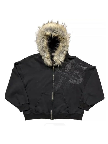 Autumn Winter Y2k Women Aesthetic Harajuku Faux Fur Collar Hoodies Clothes Graphic Hip Hop Punk Gothic Zip Up Hoodies 2026 new