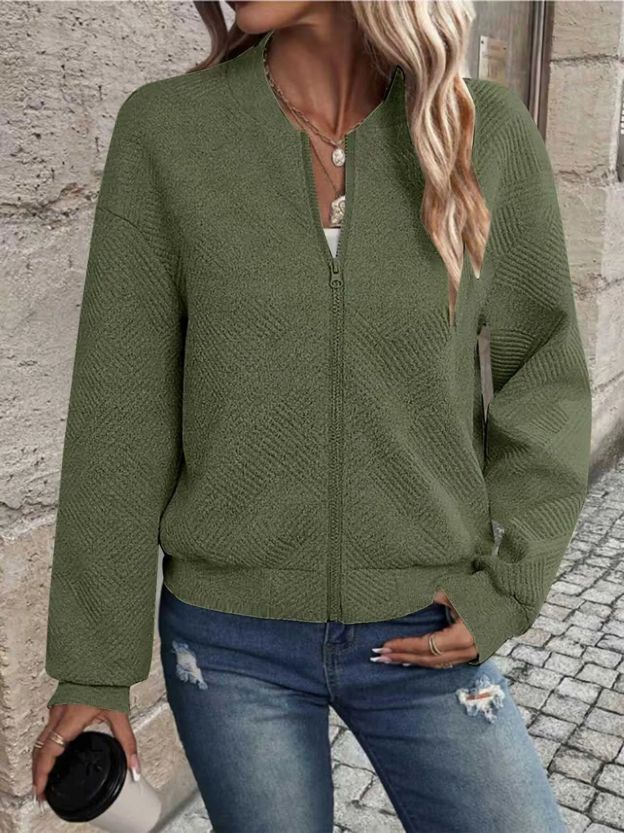 Women's Casual Zipper Jacket - Polyester Spandex Knit Fabric Spring Autumn Coat