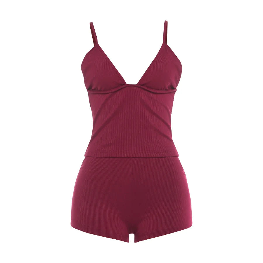 Kliou Ribbed Fashion 2 Piece Set Woman Low-Neck Backless Tank Tops+Skinny Mini Shorts Daily Home Casual Style Classic Outfits